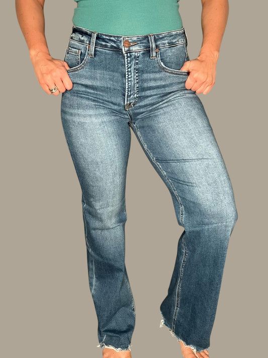 Risen Tummy Control High-Rise Wide Leg Raw Hem Jeans