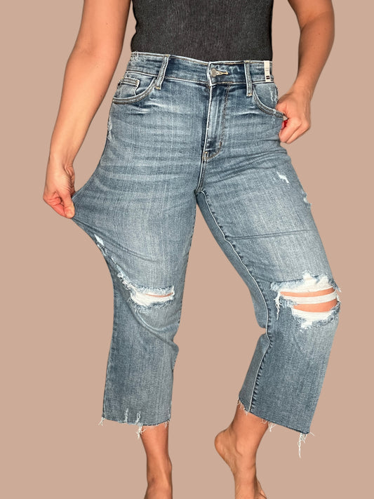 Judy Blue High-Rise Wide Leg Distressed Cropped Jeans