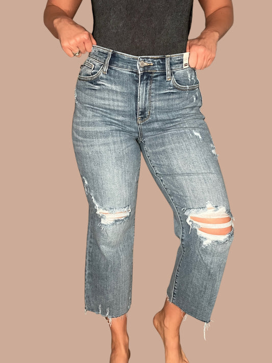 Judy Blue High-Rise Wide Leg Distressed Cropped Jeans