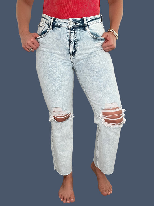 Risen High-Rise Knee Distressed Ankle Jeans