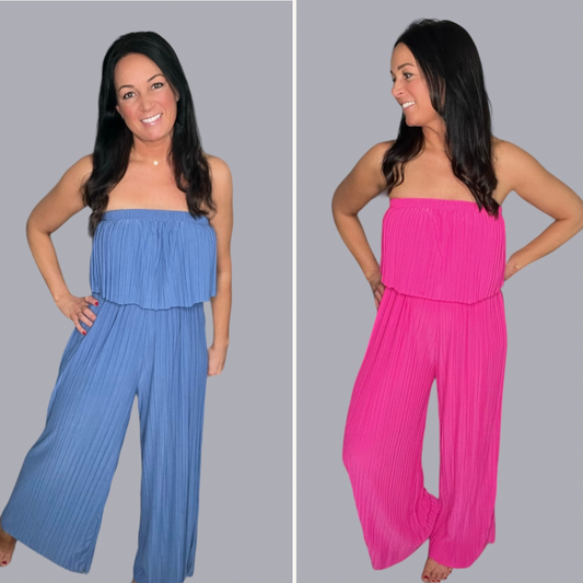 Pleated Strapless Wide Leg Jumpsuit