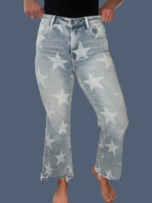 Risen High-Rise Cropped Star Print Jeans