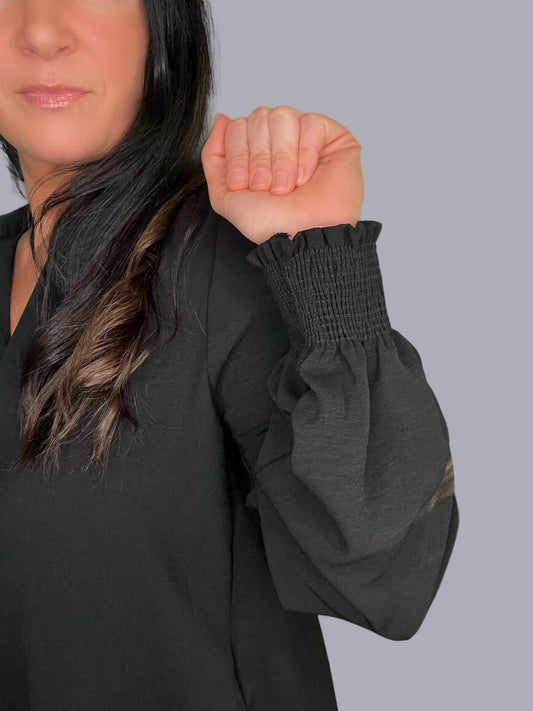Solid Smocked Cuff Long-Sleeve Top