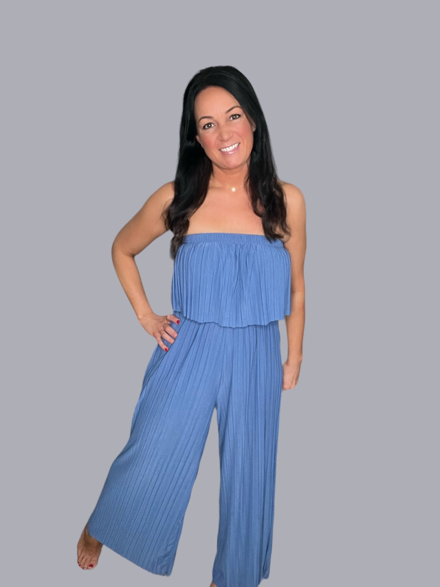 Pleated Strapless Wide Leg Jumpsuit